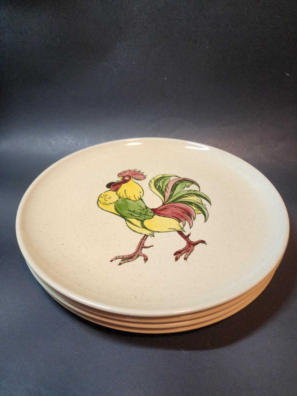VTG Metlox Poppytrail CA Green Rooster Dinner Plates 10" Country Farmhouse